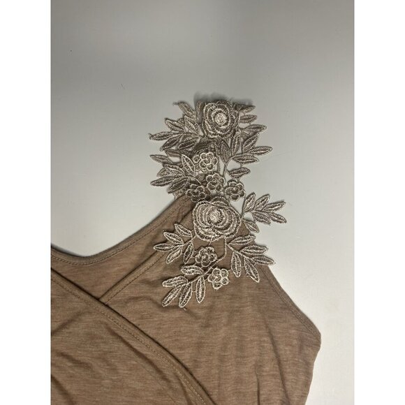 Women’s XL Sleeveless Surplice Wrap Tank Tan Crochet Lace Strap Feminine Ballet - Picture 2 of 5